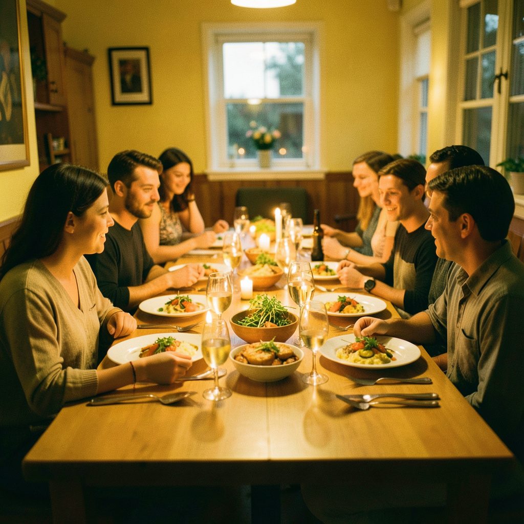A dimly lit dinner gathering of students, warm amber glow, quiet camaraderie and reverence